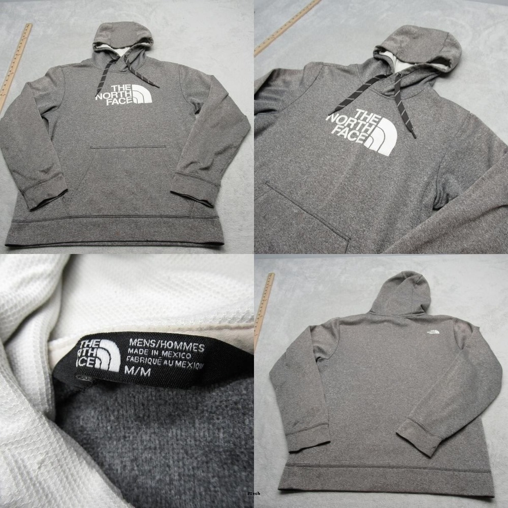 North Face Hoodie Men Medium Gray Logo Graphic Fleece Pullover Sweatshirt Hiking